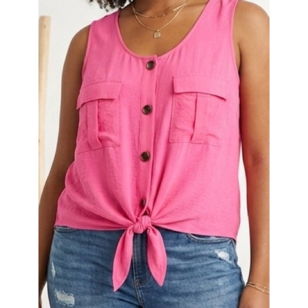 a.n.a Bright Pink Button-Front Tie-Hem Tank